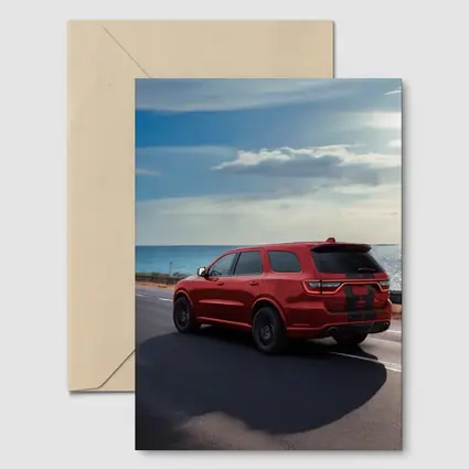 Red Dodge Durango Driving Along Coastal Road