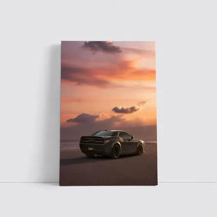Dodge Challenger Parked on Beach at Sunset
