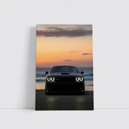 Dodge Challenger Black Muscle Car Sunset Beach