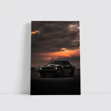 Dodge Challenger Black Muscle Car Sunset Sky
