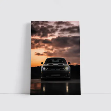 Dodge Challenger Black Muscle Car Sunset Sky