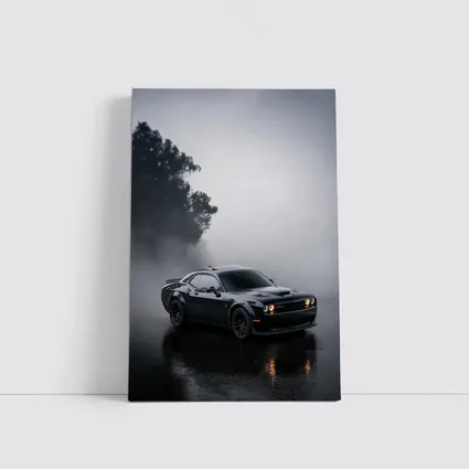 Dodge Challenger Black Muscle Car Foggy Night