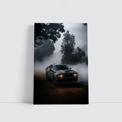Dodge Challenger Black Muscle Car Foggy Night