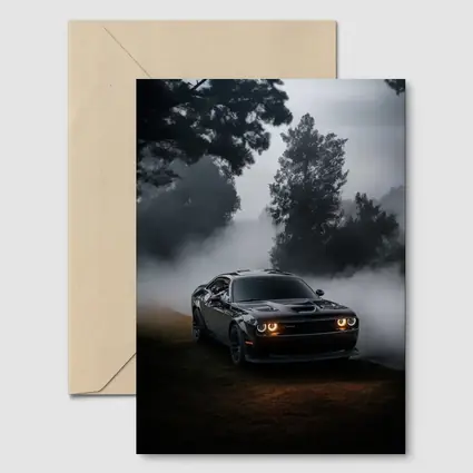 Dodge Challenger Black Muscle Car Foggy Night
