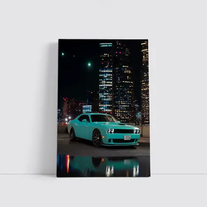 Dodge Challenger Teal Night City Skyline