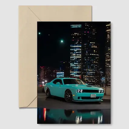 Dodge Challenger Teal Night City Skyline
