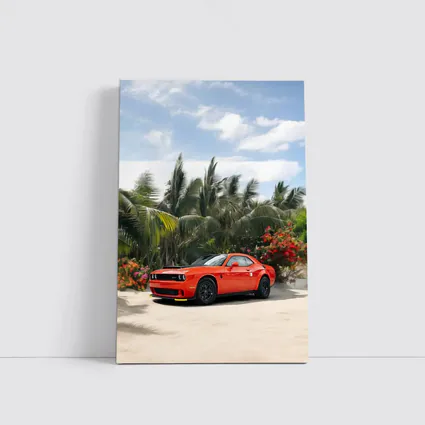 Dodge Challenger Red Muscle Car Tropical Beach