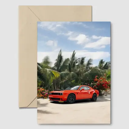 Dodge Challenger Red Muscle Car Tropical Beach