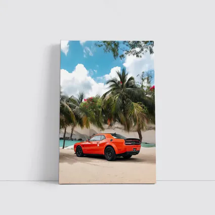 Dodge Challenger Orange Muscle Car Tropical Beach