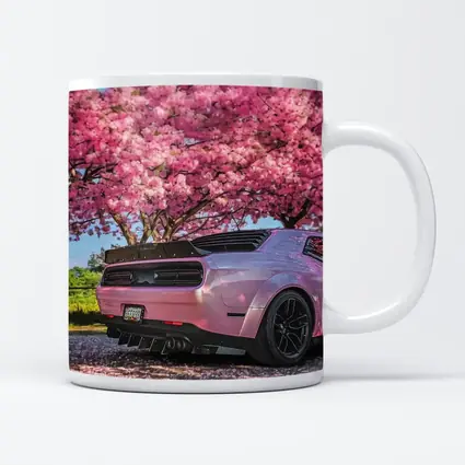 Pink Dodge Challenger Under Blooming Sakura Tree
