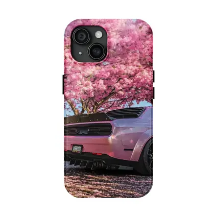 Pink Dodge Challenger Under Blooming Sakura Tree
