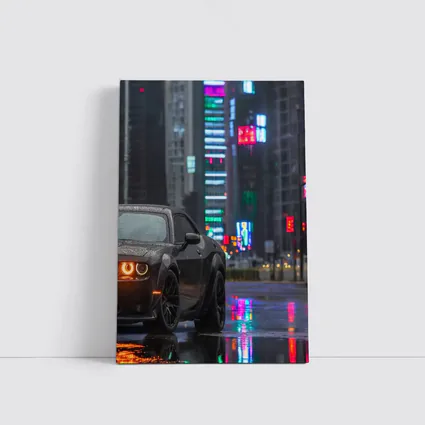 Dodge Challenger Black Rainy Neon City Street