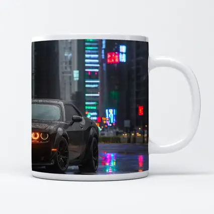 Dodge Challenger Black Rainy Neon City Street