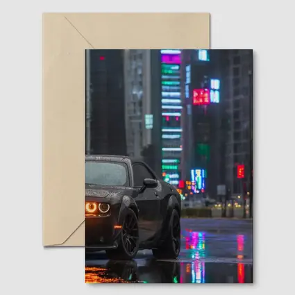 Dodge Challenger Black Rainy Neon City Street