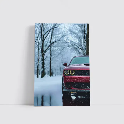 Red Dodge Challenger In Snowy Winter Forest