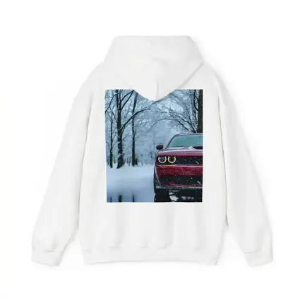Red Dodge Challenger In Snowy Winter Forest