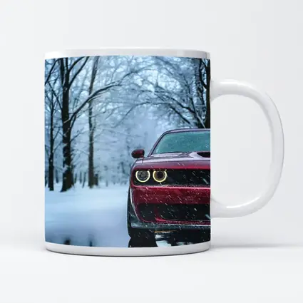 Red Dodge Challenger In Snowy Winter Forest