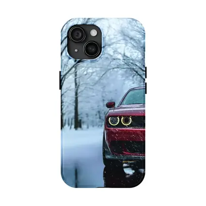Red Dodge Challenger In Snowy Winter Forest