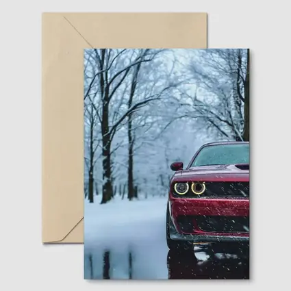 Red Dodge Challenger In Snowy Winter Forest