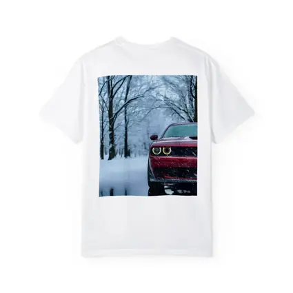 Red Dodge Challenger In Snowy Winter Forest