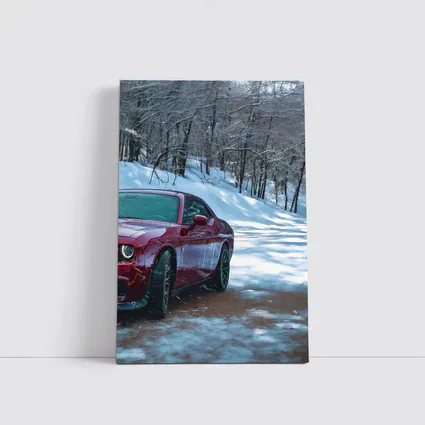 Dodge Challenger Red Car Snowy Forest Road