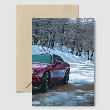 Dodge Challenger Red Car Snowy Forest Road