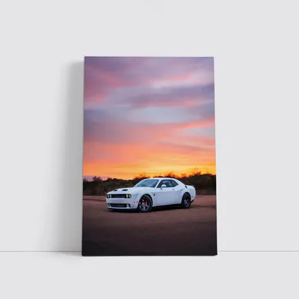 Dodge Challenger White Muscle Car Sunset Sky