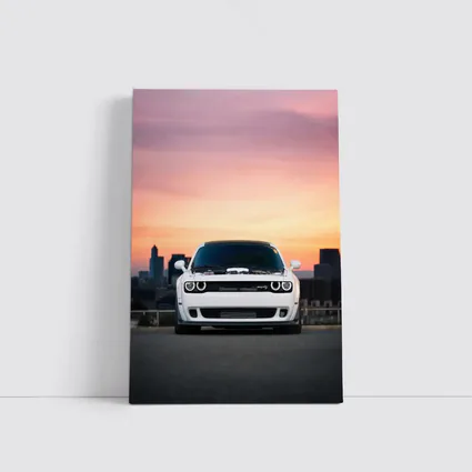 Dodge Challenger White Muscle Car Sunset City