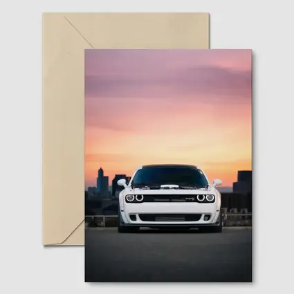 Dodge Challenger White Muscle Car Sunset City