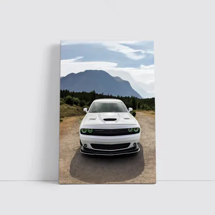 White Dodge Challenger Front View Mountain Road