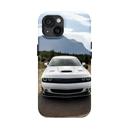 White Dodge Challenger Front View Mountain Road