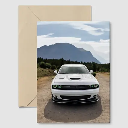 White Dodge Challenger Front View Mountain Road