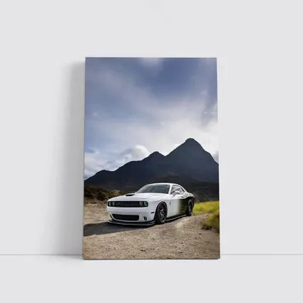 Dodge Challenger White Muscle Car Mountain Backdrop