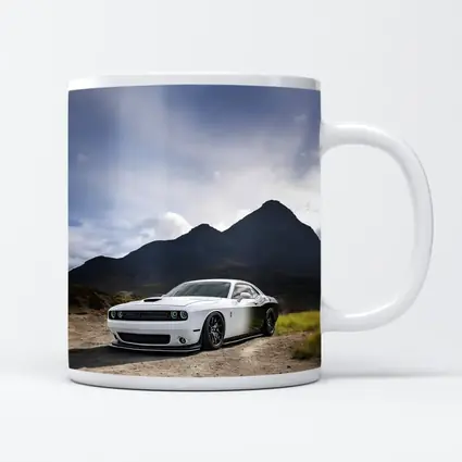 Dodge Challenger White Muscle Car Mountain Backdrop