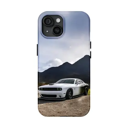Dodge Challenger White Muscle Car Mountain Backdrop