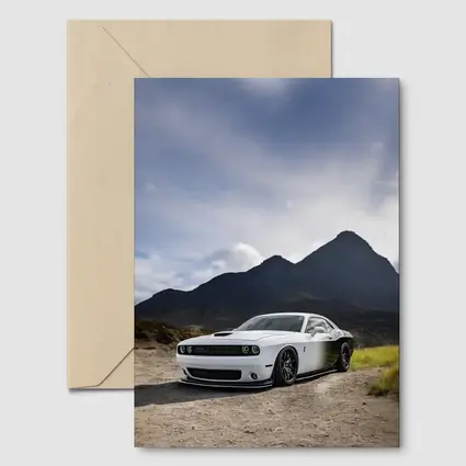 Dodge Challenger White Muscle Car Mountain Backdrop