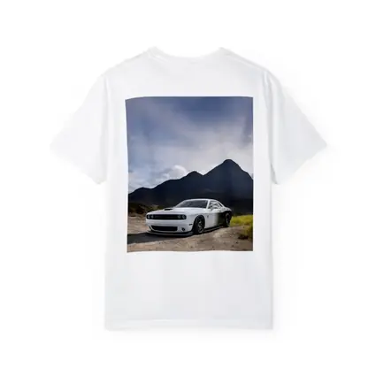 Dodge Challenger White Muscle Car Mountain Backdrop