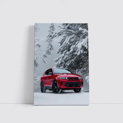 Dodge Hornet Red SUV Snowy Winter Forest