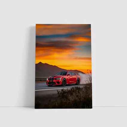 Dodge Charger Red Muscle Car Sunset Road