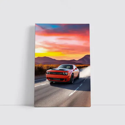 Dodge Challenger Red Muscle Car Sunset Road
