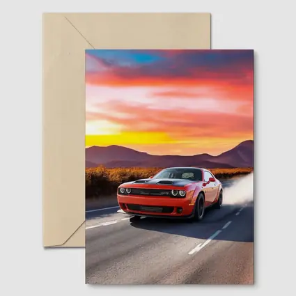 Dodge Challenger Red Muscle Car Sunset Road