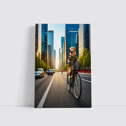 Golden Retriever Riding Bicycle City Skyline