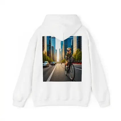 Golden Retriever Riding Bicycle City Skyline