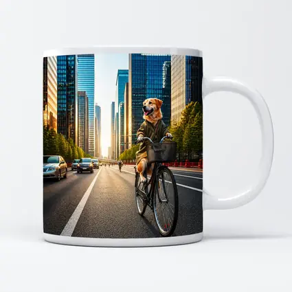 Golden Retriever Riding Bicycle City Skyline