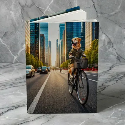 Golden Retriever Riding Bicycle City Skyline