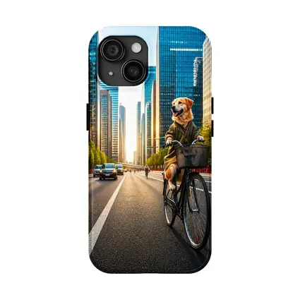 Golden Retriever Riding Bicycle City Skyline