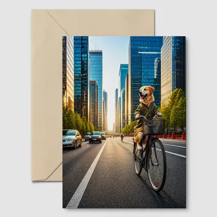 Golden Retriever Riding Bicycle City Skyline
