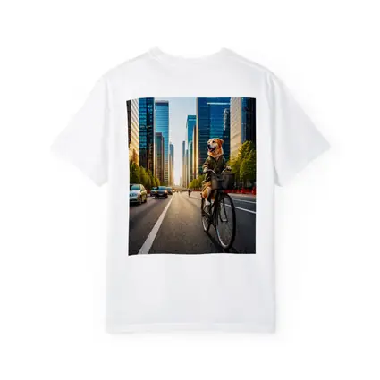Golden Retriever Riding Bicycle City Skyline