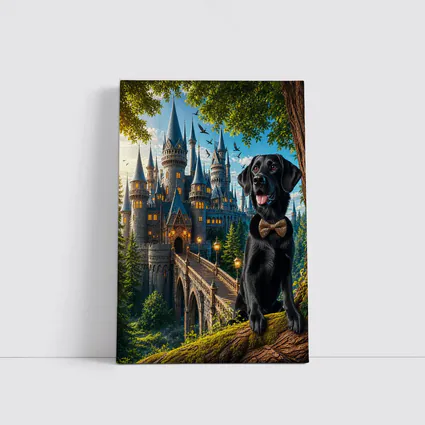 Black Labrador Retriever Fantasy Castle Forest Art