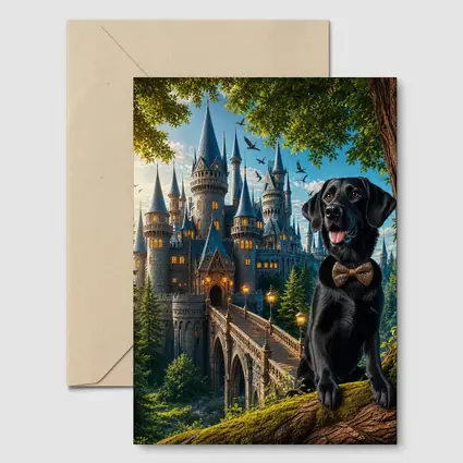 Black Labrador Retriever Fantasy Castle Forest Art